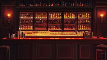 Wall Mural - Golden lights highlight vintage bar decor with crystal cocktail glasses