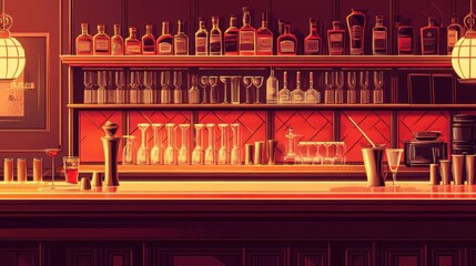 Wall Mural - Soft red lighting highlights a vintage bar with brass and crystal decor