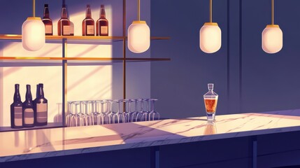 Wall Mural - Vintage bar with sleek marble top and golden light reflections