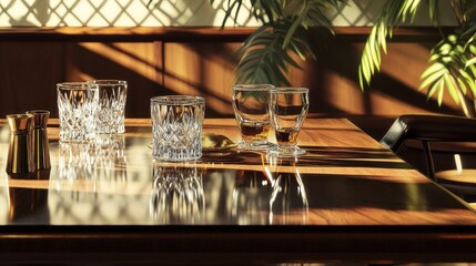 Wall Mural - Table softly lit with whiskey tumblers and geometric patterns framing scene