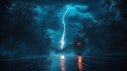 Wall Mural - Dramatic lightning storm over a wet road in a forest at night.