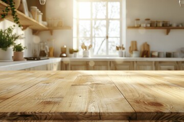 Sunny kitchen with wooden table, showcasing rustic shelves and natural light.