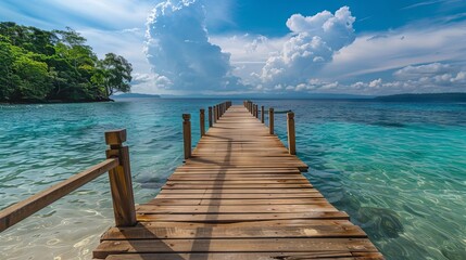 Wall Mural - Long wooden dock stretching over tranquil turquoise waters with lush tropical foliage and clear blue skies