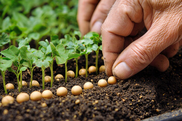 Wall Mural - Hands planting seeds in soil with young seedlings nearby