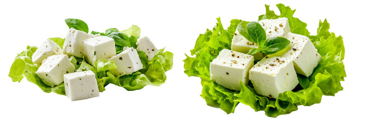 Wall Mural - Set of feta cheese cubes on crisp green lettuce leaves isolated on white transparent background. Concept of healthy dairy food and diet