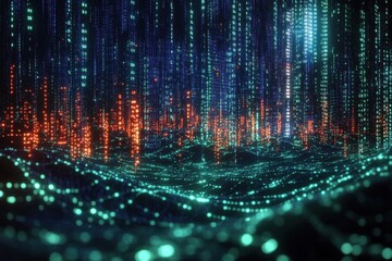 A 3D rendering of an abstract technology background showcases a network concept with connection lines and binary code flowing through interconnected nodes- creating a visually captivating digital land