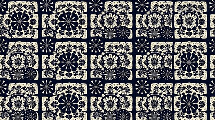 Naklejka na meble Intricate Floral Tile Pattern:  A timeless and elegant design featuring delicate white floral motifs set against a deep navy blue background, creating a sophisticated and captivating visual.