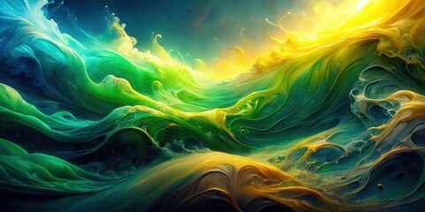 Wall Mural - Abstract Swirls of Vibrant Green and Golden Hues Intertwining in a Symphony of Motion and Light