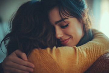 Wall Mural - A close-up of two women hugging, one with her hand on the other's back in an embrace at group therapy session. 