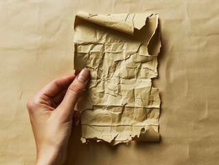 Wall Mural - A hand holds a crumpled piece of paper against a brown background.