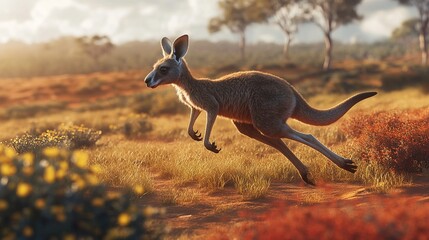 A kangaroo hopping through the Australian outback, with red earth and sparse desert flora in the background