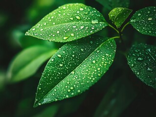 Wall Mural - Green leaf with water droplets