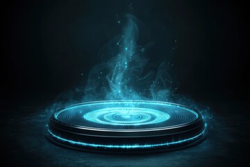 Wall Mural - Holographic circular network icon, A glowing, circular platform emits blue energy and smoke, set against a dark background, suggesting a mystical or technological ambiance.