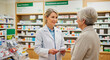 © Patrick - Pharmacist, woman and senior patient in pharmacy for consultation or health care. Doctor, mature and caucasian person with prescription advice and medicine in drugstore for wellness or service