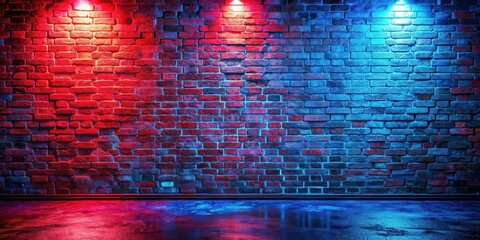 Wall Mural - Brick Wall With Red And Blue Neon Lights Shining On Wet Floor