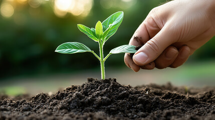 Nurturing young plant in rich soil, symbolizing growth and care