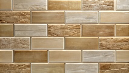 Poster - A close-up view of a decorative tile wall, featuring an intricate pattern of textured tiles in warm, earthy tones, creating a visually appealing and tactile surface.