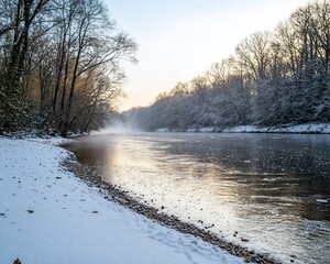 Sticker - Snowy riverbank at sunrise, tranquil winter scene.