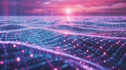 Digital data flowing in cyberspace with a colorful grid and glowing particles under a pink and purple sky creates a futuristic abstract technology background