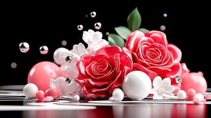 Wall Mural - Two red roses and white flowers with glossy spheres on a dark background.