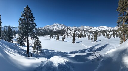 Poster - Panoramic view of snow-covered mountain valley with tall pine trees under a clear blue sky.