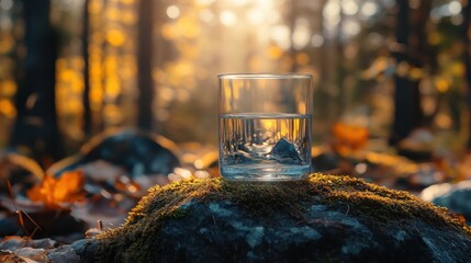 Wall Mural - Glass of water on mossy rock, autumn forest background.