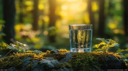 Wall Mural - Glass of water on mossy rock in forest at sunset.