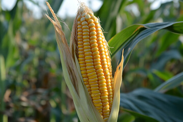 Golden corn shining in the green field under bright sunlight, showcasing fresh crops