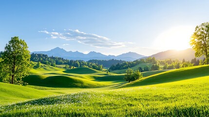 Wall Mural - sunlit green hills and mountains under a blue sky.