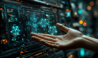 A futuristic quantum computer interface where a human hand interacts with floating, multi-dimensional quantum computational elements 