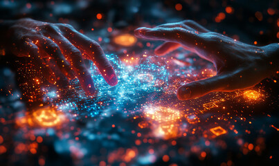 A futuristic quantum computer interface where a human hand interacts with floating, multi-dimensional quantum computational elements 