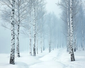 Canvas Print - Misty winter birch forest path.