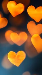 Poster - Blurred Golden Orange Hearts on Blue, Hearts Bokeh Background, Romantic Love, Valentine s Day