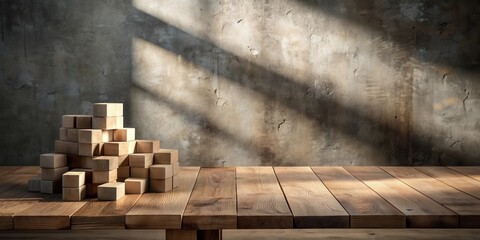 Poster - Rustic Wooden Table with Stacked Blocks in Front of a Concrete Wall with Light Streaming Through a Window