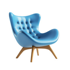 a blue chair with a wooden legs and a buttoned seat