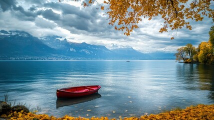 Wall Mural - A serene view of lake geneva with a solitary red boat floating peacefully the majestic alps rise in the background under a cloudy sky, framed by vibrant foliage.