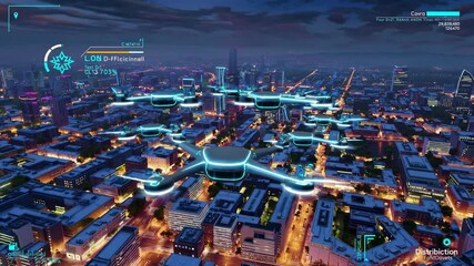Poster - City skyline illuminated at night showcasing drone technology in vibrant urban environment