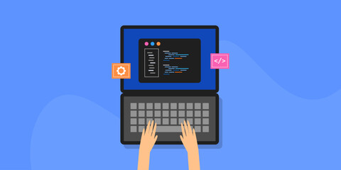 Programmer coding on laptop screen, man with computer, web development concept.