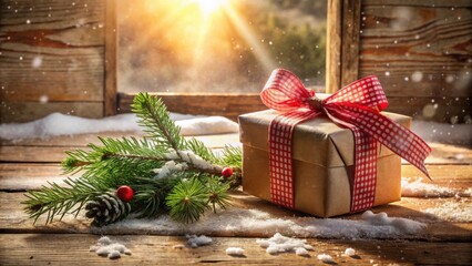 Wall Mural - A Wrapped Gift Box with a Red Ribbon and a Pine Branch on a Wooden Table Covered in Snow with Sunlight Streaming in Through a Window