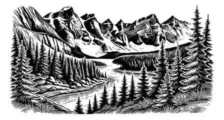 Wall Mural - mountain river landscape engraving black and white outline