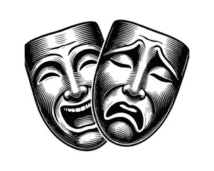 Wall Mural - two theater mask sad and happy engraving black and white outline