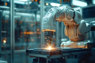 Fototapete - Robotic arm welding metal in modern factory setting