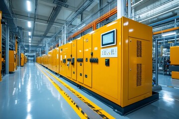 Poster - Yellow electrical cabinets distributing electricity in a modern industrial production plant
