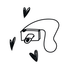 Hand-drawn chalk icon: retro and vintage wedding elements, valentine's day – clip art of a camera with hearts. Doodle-style vector illustration with playful, handwritten design