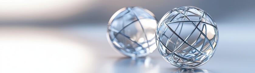 Canvas Print - Two translucent spheres with intricate wire designs, reflecting light against a soft, blurred background, network illustration