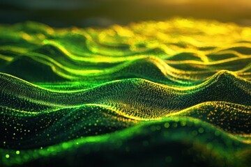 Wall Mural - A vibrant, abstract landscape with flowing green and yellow waves illuminated by light, creating a dynamic and textured appearance, network illustration