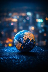 Wall Mural - planet earth glowing at night showing city lights with blurred background