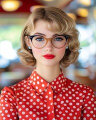 Stylish Woman in 1950s Polka Dot Dress with Glasses