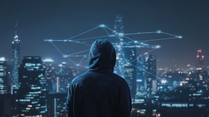 Hacker are planning to hack and attack networks and cyber security systems. Smart Innovation city with connection future wireless digital city and social media networking over the cityscape.