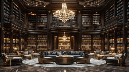 Canvas Print - Grand circular library, opulent furnishings, abundant books.